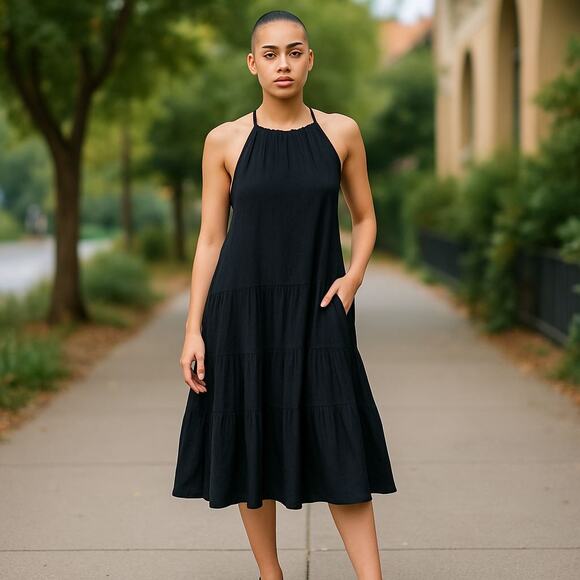 Free People maxi dress tiered halter ruffled boho sleeveless XL black NWOT - Picture 1 of 11